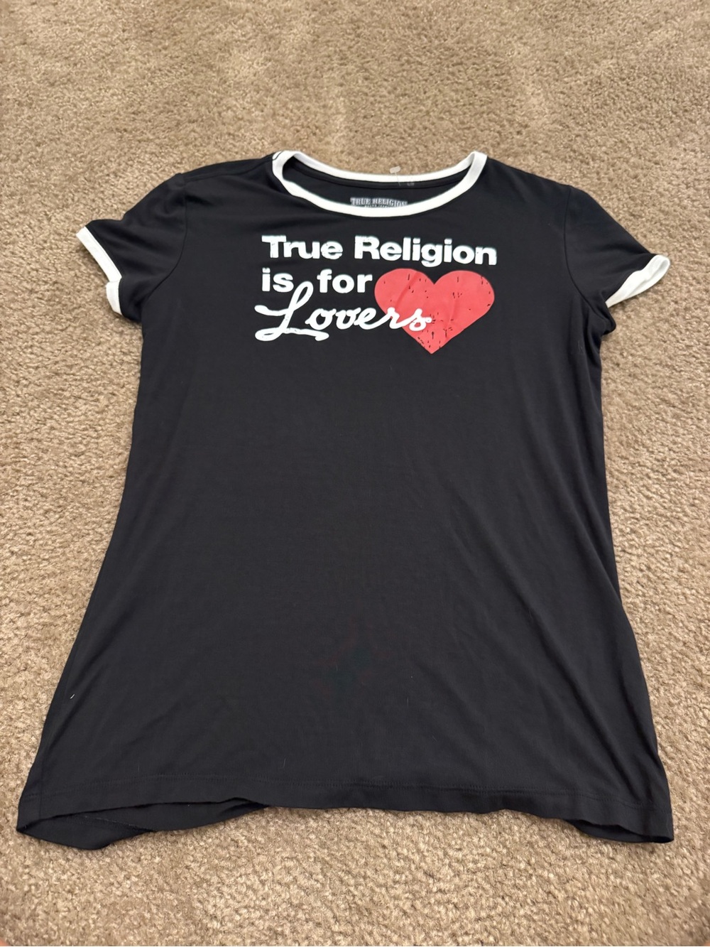 True Religion Black Tee with Red Heart and White Trim